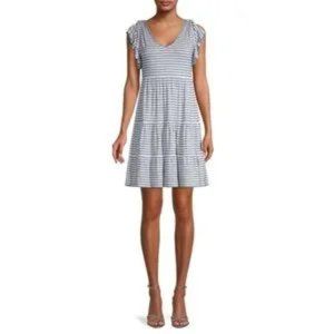 Max Studio dark blue/white striped, tiered, v-neck, flutter sleeve, jersey dress
